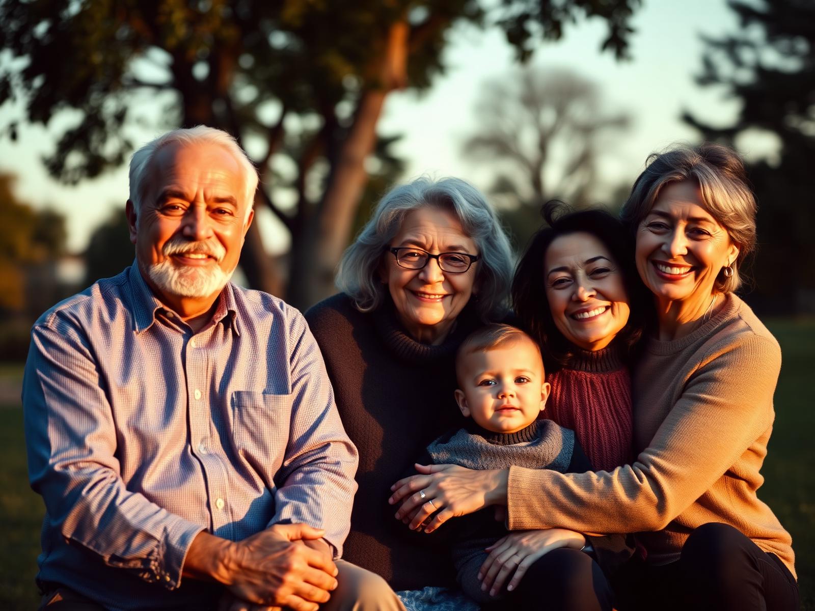 Three generations of a family together outdoors at sunset